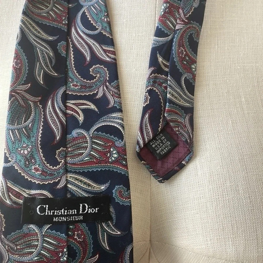 Christian Dior Monsieur Mens Silk Tie Blue Paisley Print Vintage Tie